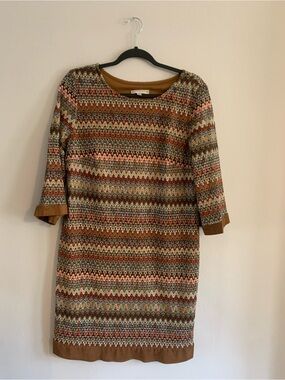 SANDRA DARREN Patterned Knit Midi Dress with Tan Trim